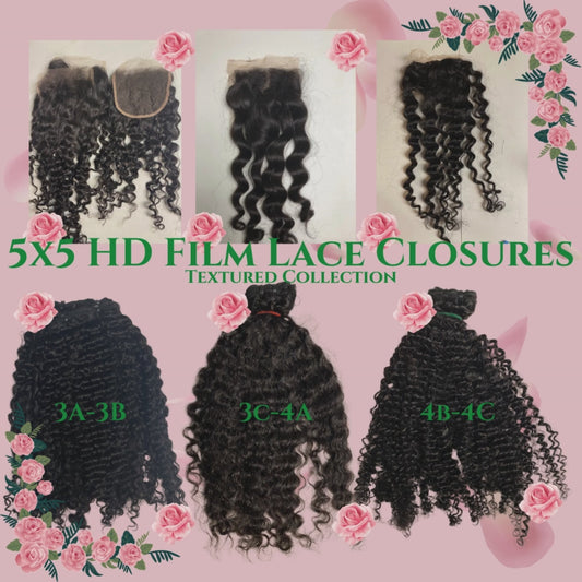 Textured Collection - 5x5 HD Lace Closures - Kinky and Yaki Straight - 3A-4C